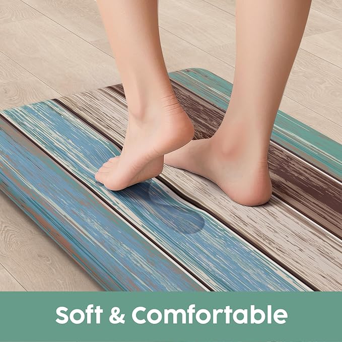 MAYHMYO Anti Fatigue Kitchen Mat for Floor Set of 2 Teal Farmhouse Comfort Mats Cushioned Non Slip Waterproof Kitchen Rugs Standing Kitchen Mats for Floor House Sink Office