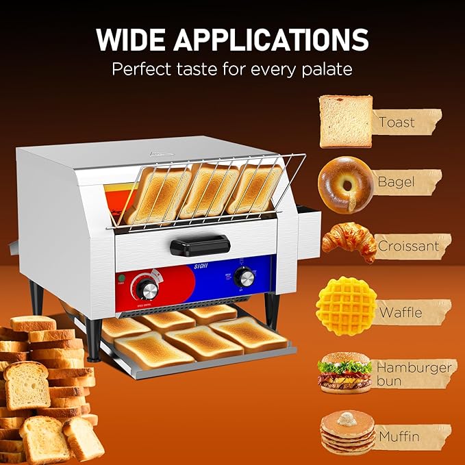 Commercial Conveyor Toaster w/ 3 Slice Wide Slot, 450 Slice/hour Commercial Toaster w/ 14.1’’ Wide and 3‘’ Opening, Industrial Kitchen Cooking bagel w/Stainless Steel and Heavy Duty