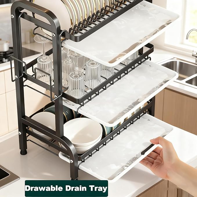 3-Tier Large Capacity Dish Drying Rack for Kitchen Counter - Rustproof Carbon Steel Multifunctional Dish Drainer with Removable Drain Tray, Cutlery & Cup Holders, Space-Saving Kitchen Organizer