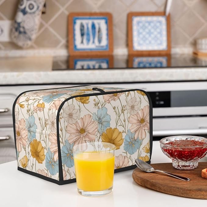 2 Slice Toaster Cover for Kitchen Vintage Flower Botanical Waterproof and Dustproof Toaster Dust Cover with Side Pockets Decorative Universal Cover for Wide Slot Toasters and Small Appliances