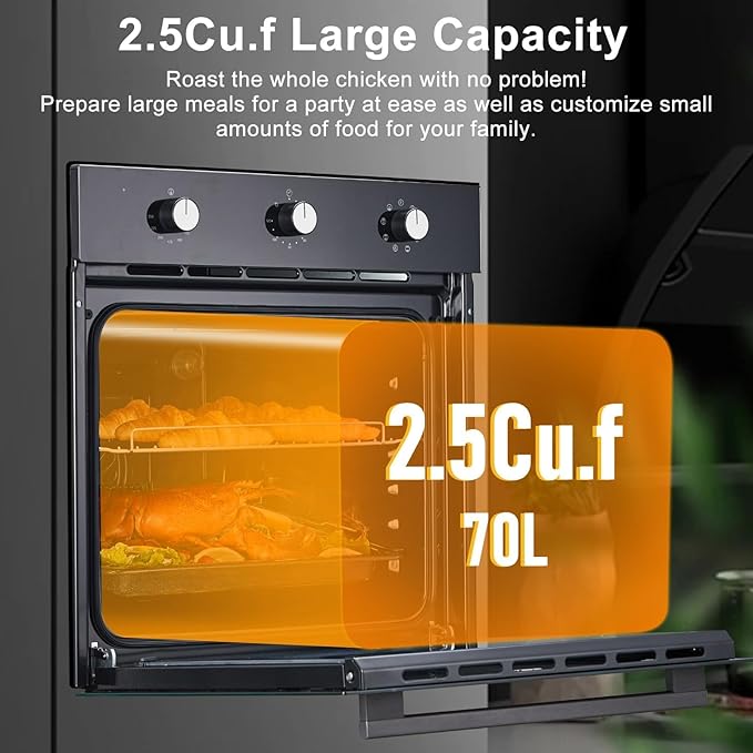 24 in Built-in Electric Wall Oven with Knob Control,70 L (2.47 Cu.Ft) Capacity,3000W Convection System & Self-Cleaning,Blue Enamel Interior,CSA Certified