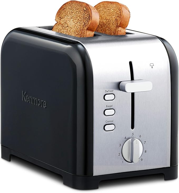 Kenmore toaster 2 slice - extra wide slot countertop kitchen appliance, defrost function, tostador de pan, 9 shade settings, compact design, easy clean crumb tray, bread bagel, stainless steel & Black