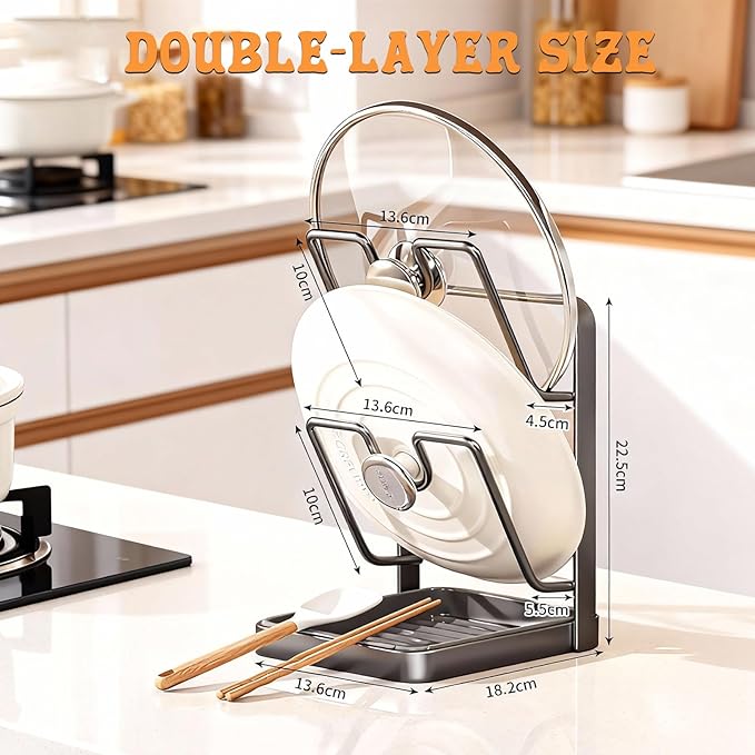 Kitchen Pot Lid Storage Rack, Pot Lid Holder With Tray, Pot Lid Organizer, Lid Holder While Cooking, Lid And Spoon Rest, Multifunctional Kitchen Organizer Stand for Stove Top (Gray,Double-layer)