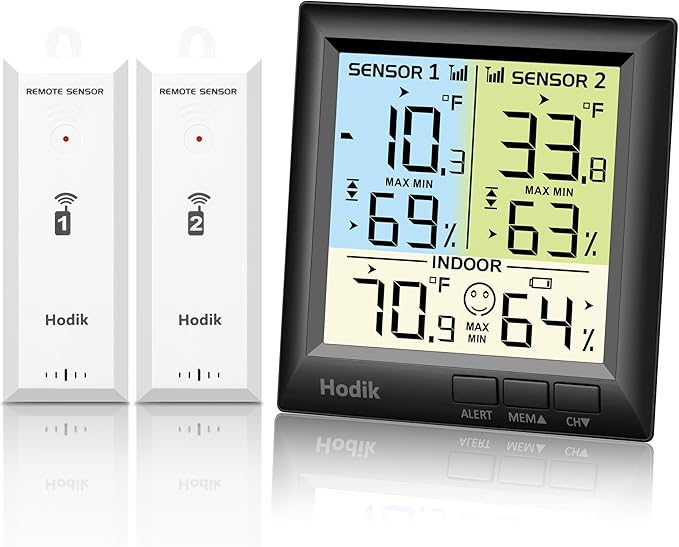 Wireless Freezer Thermometer with Alarm Refrigerator Thermometer, Fridge Freezer Alarm Thermometer Digital with 3 Adjustable Backlight and 330FT Remote Range for Kitchen Home Restaurant (Black)