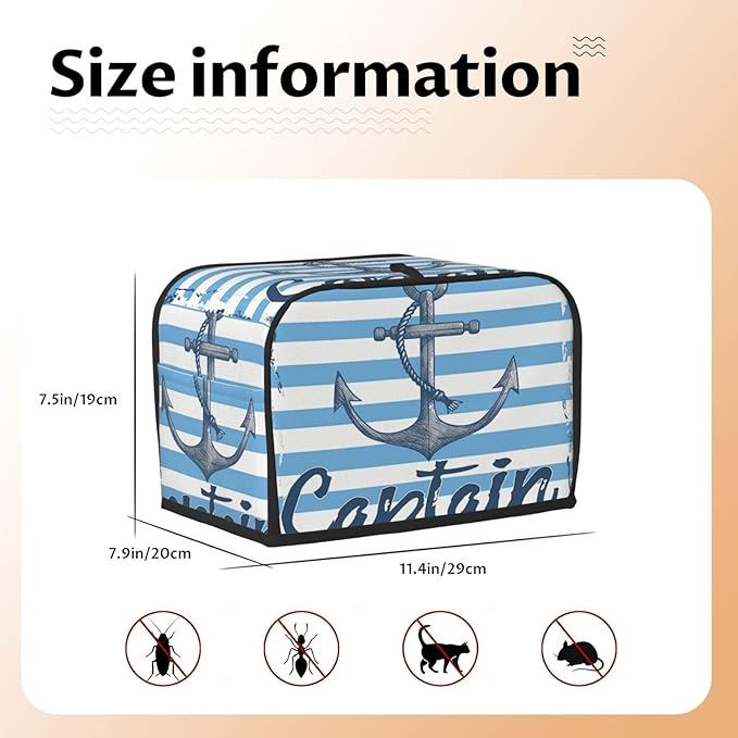 Toaster Cover 2 Slice with Pockets, Nautical Anchor Blue White Geometric Strip Kitchen Accessories Decor Bread Maker Oven Protector Covers Dust Proof Fingerprint Covers