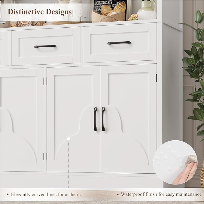 HITHOS 76" Tall Kitchen Pantry Storage Cabinet, 55“ Wide Kitchen Hutch Cabinet with Storage Drawers, Large Food Pantry with Microwave Stand, Modern Cupboard with Hutch for Dining Living Room, White
