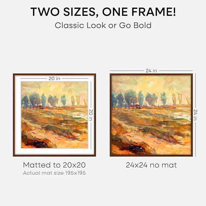 Homeforia 24x24 Picture Frame Brown, High End Dark Oak 24 x 24 Square Wood Frame with Mat 20 x 20 for Photo, 24by24 Wooden Walnut Poster Frame Matted to 20x20 Print, Tempered Glass, Wall Kit, Set of 3