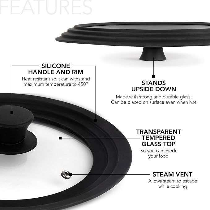 Large Silicone & Glass Universal Lid (10.5 to 12 Inches) - BPA-Free Silicone Lid with Stay Cool Handle & Tempered Glass Top - Dishwasher Safe - Universal Lid for Pots, Pans, Skillets, Cast Iron