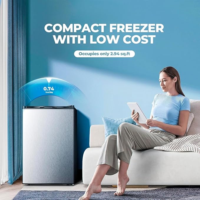 3.2 Cu.ft Small Upright Freezer, Mini Freezer with Adjustable Thermostat, Removable Shelves, Reversible Single Door, for Bedroom/Home/Dorms/Apartment, Silver