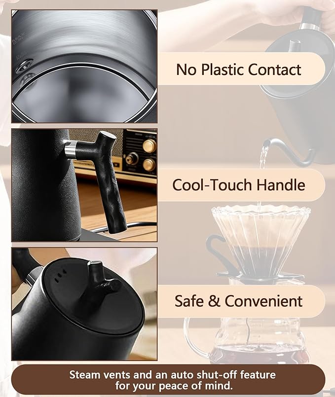 Gooseneck Electric Kettle | Electric Pour Over Kettle with Variable Temperature Control | 100% Stainless Steel Interior, Keep Warm & Auto Shut-Off | 1.0L Fast Boil for Coffee & Tea, Matte Black