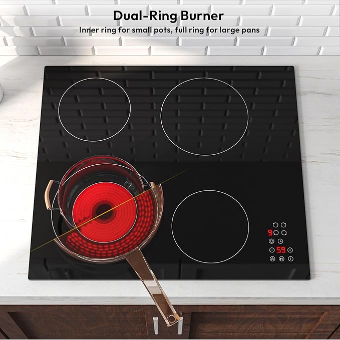 Empava 24 Inch Electric Stove Cooktop 4 Burners, Dual-Ring Zone, Timer, Child Lock, Stop & Go, Built-in Design, 208~240V Hard Wired (No Plug)