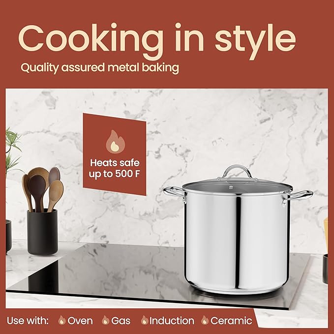 Stainless Steel Stockpot with Tempered Glass Lid 20 Quart, Durable 18/0 Stainless Steel, Impact-Bonded Base for Even Heating, Riveted Handles, Oven & All Stove Compatible, Safe Up To 500°F (260°C)