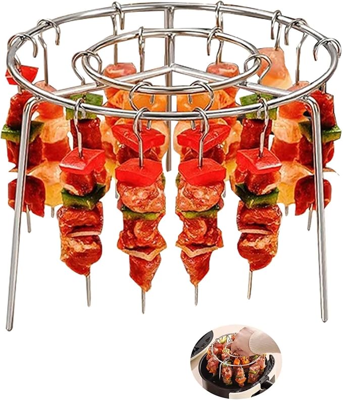 BBQ Kebab Skewers Stainless Steel, Airfryer Accessories, Barbecue Skewer Set, 24 x Barbecue Skewers + Round Grill Rack, Compatible with Airfryer, Hot Air Fryer, Oven and Rice Cooker