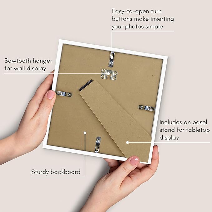Americanflat 8x8 Picture Frame with Shatter-Resistant Glass - Streamline Collection - Thin Border Square Frame for Tabletop and Wall Display - Hanging Hardware and Easel Stand Included - White