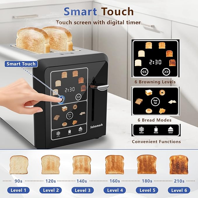 Touch Screen Toaster 2 Slice, Smart Digital Toasters, 6 Browning Levels & 6 Bread Types, Bagel Memory Function, Timer, Stainless Steel, 800W