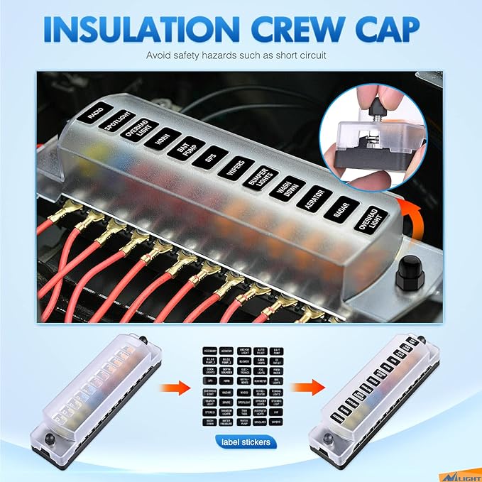 Nilight 12 Way Fuse Block with Negative Bus 12V Blade Holder ATC/ATO Standard Box Label Stickers Waterproof Cover Panel for Automotive Cars Trucks RVs Campers Vans