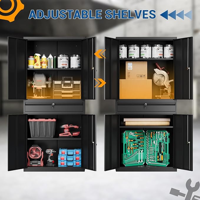 71" Metal Cabinet-Black Heavy Duty Storage File Cabinet Steel Tool Cabinets with Shelves, Lockable Doors and Drawers- for Garage, Pantry, Warehouse - Assembly Required