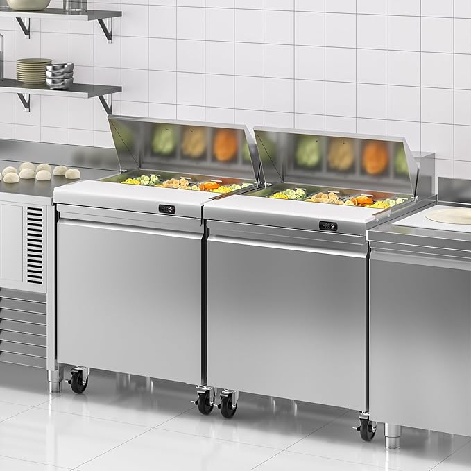 29" W Commercial Sandwich Salad Prep Table Refrigerator, 7.6 Cu.ft Single Door Stainless Steel Commercial Kitchen Refrigerated Equipment with 8 Pans for Restaurant, Bar, Shop, etc.