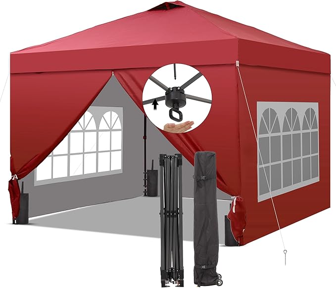 Saemoza 12x12 Pop Up Canopy Tent with One Push Setup, Portable Sun Shade Tent, Instant Easy Up Canopy with 4-Sidewalls & Wheeled Bag, Outdoor Fldable Gazebo with Vent Top, Red.