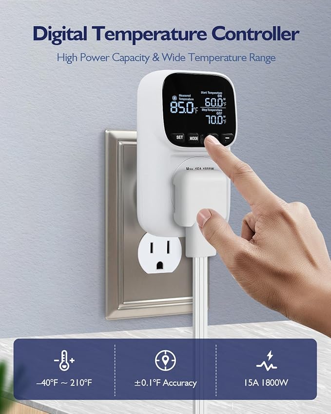 Digital Temperature Controller, Heating & Cooling Thermostat Plug Outlet, –40°F~210°F, 15A 1800W, LCD Display, Temperature Controlled Outlet for Home, Greenhouse, Chicken Coop, Reptile