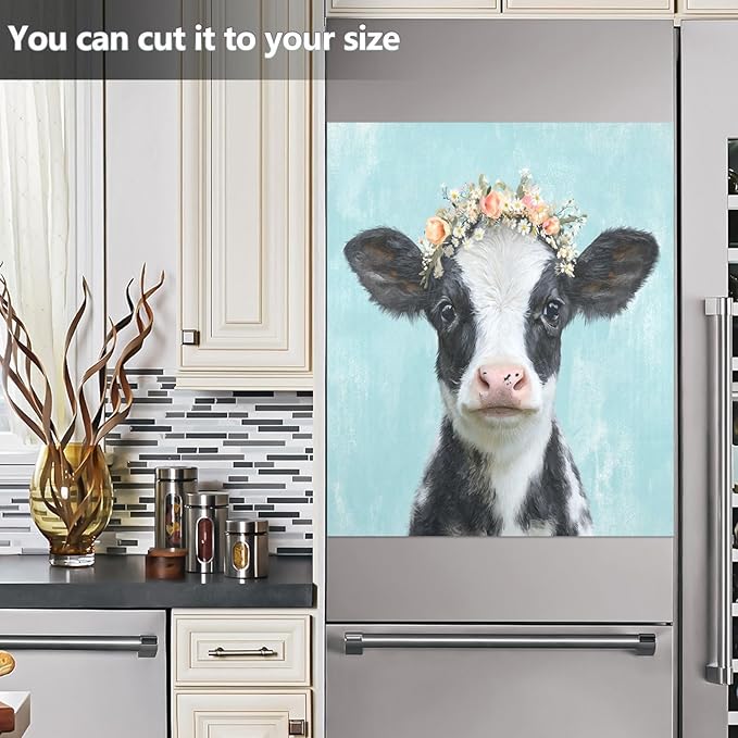 Flowers Cow Teal Dishwasher Magnet Cover for Front Panel Magnetic Dishwasher Cover Decorative Refrigerator Magnet Covers Dishwashers Magnetic Sticker for Kitchen Home, 23" x 26"