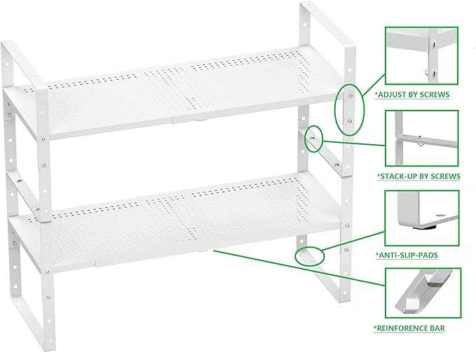 Expandable Shoe Rack Stackable Metal Pantry Storage Shelves Stand Adjustable Height Cabinet Shelf Organizer Racks Spice Shelving(3PACKS/WHITE,MEDIUM)