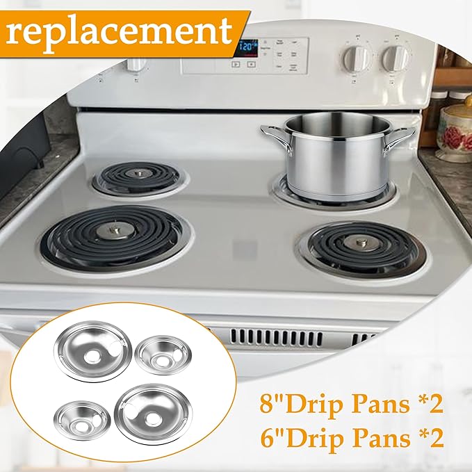 4 Pack (2) 6" & (2) 8" Electric Stove Burner Covers, Drip Chrome Pan Set Replacement for GE/Hotpoint WB31T10010 and WB31T10011