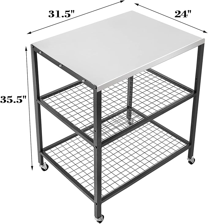 Stainless Steel Outdoor Grill Cart Pizza Oven Stand Trolley Table with Wheels Three-Shelf Movable Food Prep and Work Table Heavy Duty Grill Carts Outdoor Cart 31.5"×24"×35.5"