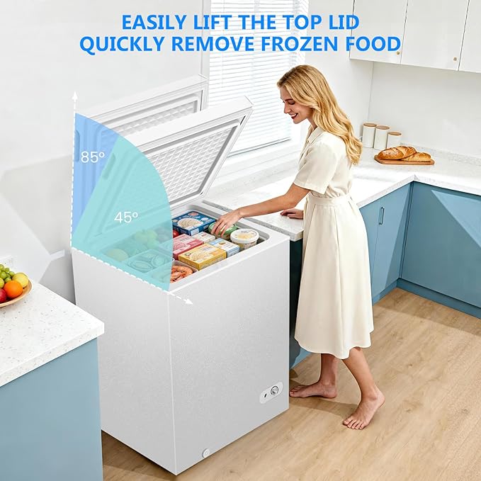 Cowsar 5.0 Cu.Ft Deep Freezer with 3 Basket, Quiet Chest Freezer Adjustable 7 Thermostat, Compact Freezer Free-Standing Top Door, Energy Saving for Apartment/Garage/Basement/Dorm/Home,White