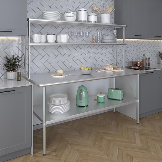 Amgood Stainless Steel Work Table Double Tier Overshelf | Metal Kitchen Prep Table & Shelving Combo (30" x 72" Work Table + 12" Overshelf)