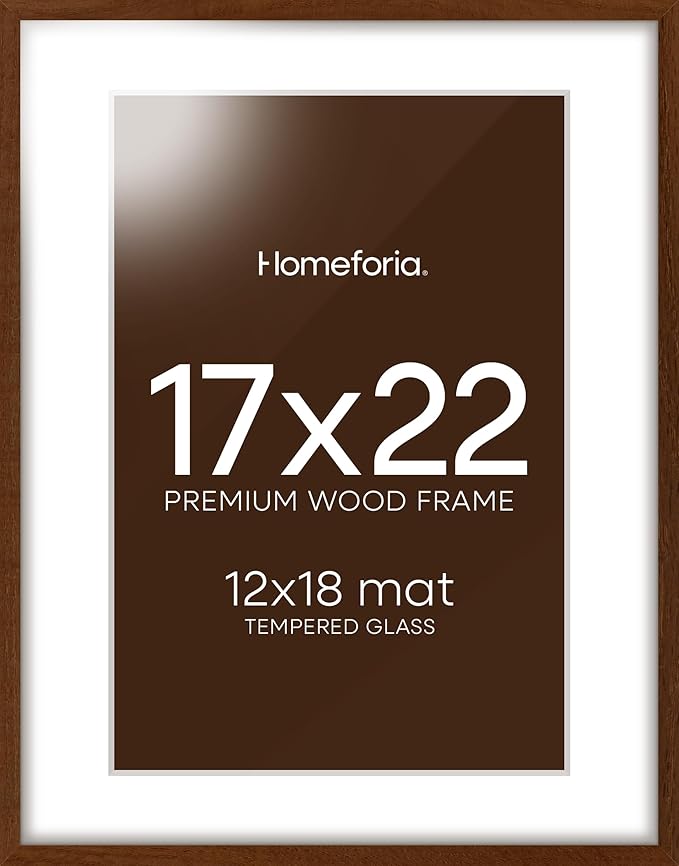 Homeforia 17x22 Picture Frame Brown, High End Dark Oak 17x22 Poster Wood Frame with Mat 12x18 for Photo, 17 x 22 Wooden Walnut Frame Matted to 12 x 18, 22x17 Frames, Tempered Glass, Wall Kit, Set of 1