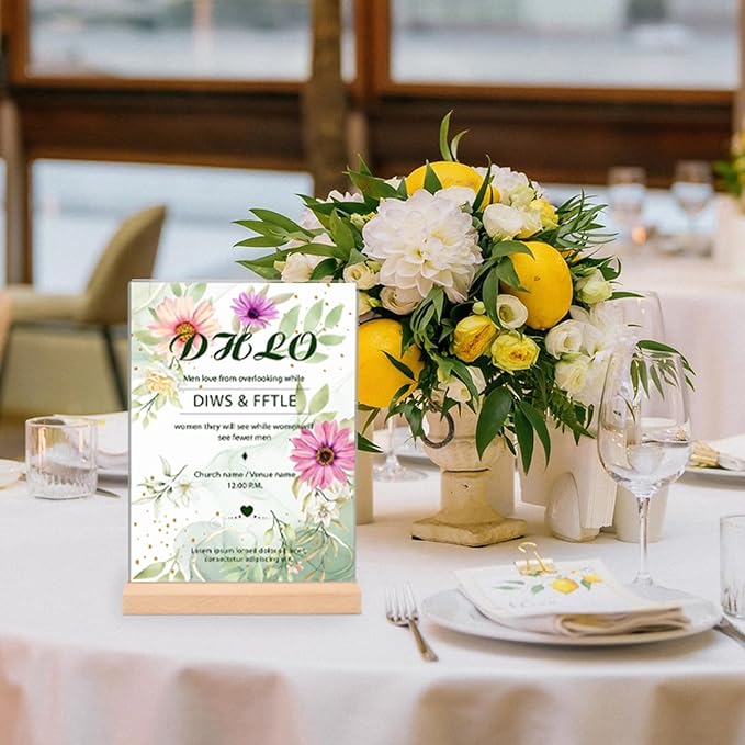 12 Pack Acrylic Sign Holder 8.5 x 11, L/T Shape Double Sided wood Picture Frame Stand up Table Top Sign Holders, Clear Display Stand Menu Flyer Holder for Wedding Party (Provide Non slip Mats)