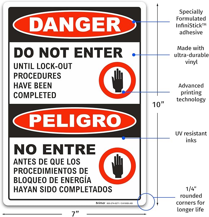Brimar - 7 x 10" - Bilingual Danger Do Not Enter Lock Out Sign - 3.5 Mil InfiniStick™ Vinyl Label - Bilingual Design - Bold Text And Symbol