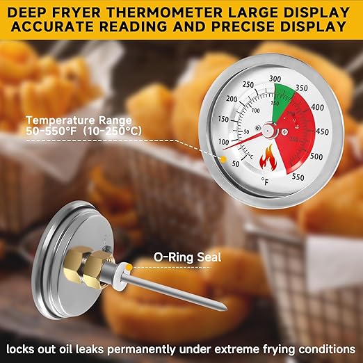 5070 Fryer Thermometer Replacement for Bayou Classic Deep Fryer, Stainless Steel Design Tempered Glass Dial Face w/ 50˚- 550˚F Range Fit for Bayou 2.5-gal, 4-gal, and 9-gal Fryers