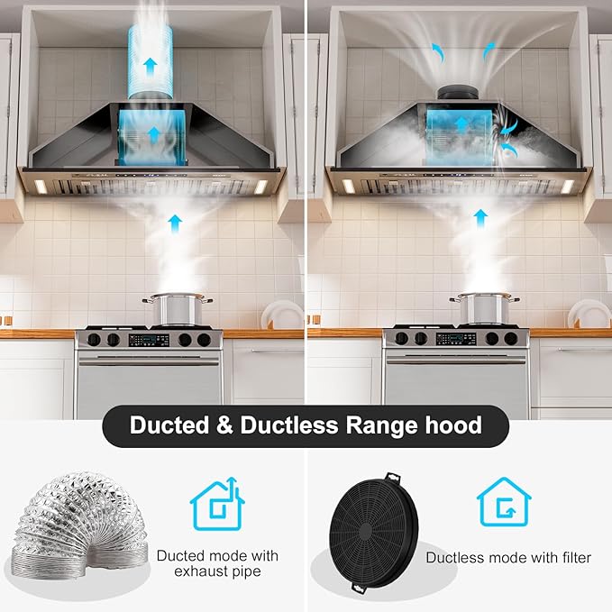 BRANO Range Hood Insert 36 Inch, 900 CFM Voice/Gesture/Touch Control Build-in Kitchen Hood Vent with 4 Speed Exhaust Fan, Memory Mode, Adjustable Lights, Ducted/Ductless Convertible