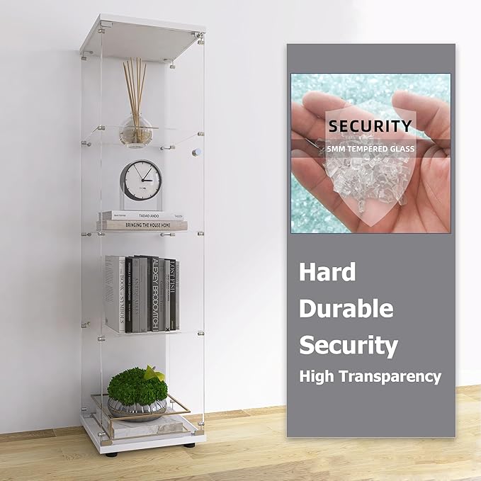 4-Shelf Glass Display Cabinet, Floor Standing Curio Bookshelf with Door & Locks, Toys & Trophy Display Case, for Living Room, Kitchen, Bedroom, Exhibition Hall (White)