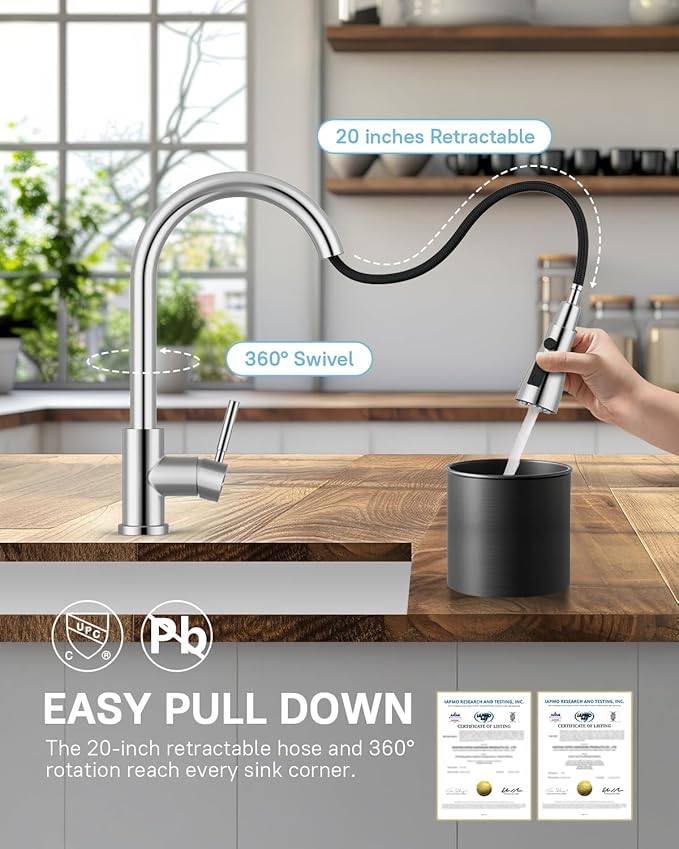 WEWE Kitchen Faucet with Pull Down Sprayer and Soap Dispenser, Stainless Steel Kitchen Sink Faucets, 3-Mode High Arc Single Handle Faucet for RV Farmhouse, Polished Chrome