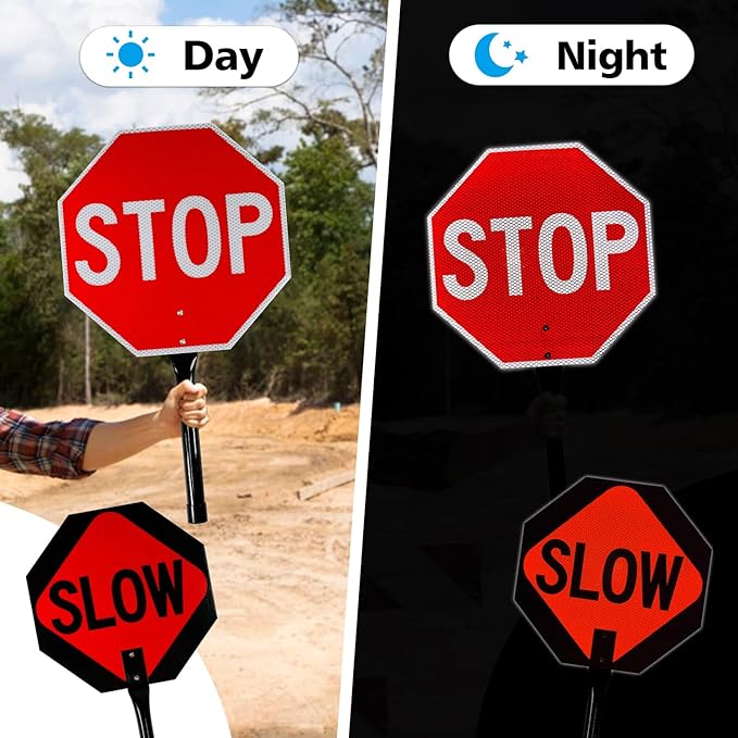GicnKeuz Stop Slow Sign with Metal Handle, 13x13 inches Double Sided Slow/Stop sign, Traffic Reflective Aluminum Sign, Fade Resistant/Waterproof, Easy to Mount (1 Pack)