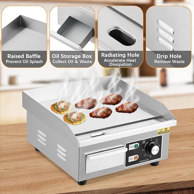 Commercial Electric Griddle 14 Inch – 1500W Stainless Steel, Non-Stick Flat Top Teppanyaki Grill, Adjustable Temp 50°C-300°C (122°F-572°F), Includes 2 Shovels & 2 Brushes, Countertop