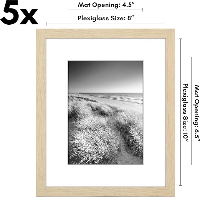 Americanflat 8x10 Picture Frame with Plexiglass - Set of 5 - Use as 5x7 Frame with Mat or Display 8x10 Photo Without Mat - Galleria Collection - Picture Frames for Tabletop or Wall - Natural Oak