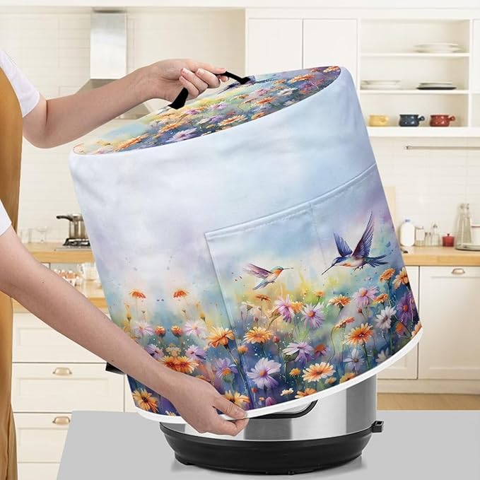 TODIYADDU Daisy Hummingbird Pressure Cooker Cover with Handle and Storage Pocket for Extra Accessories Portable Kitchen Small Appliance Dust Cover Protective Case