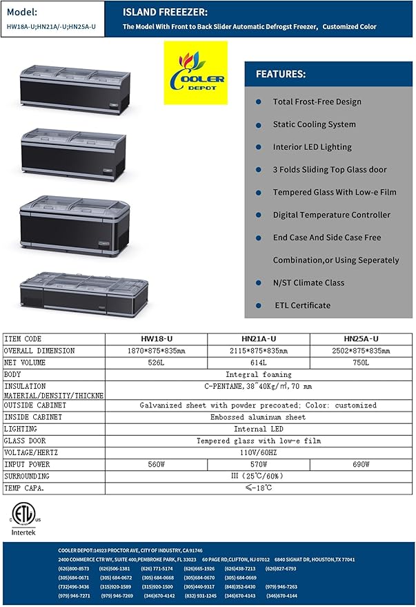 Chest Freezer for Supermarket Meat Freezer Glass sliding Door 98" Black Showcase Freezer Curve Display Top w/Storage Baskets 26 Cu.Ft HN25A-U