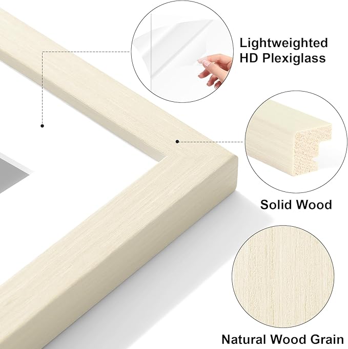 Vittanly 8.5x11 Picture Frame Set of 2, Solid Wood Frame for Wall or Tabletop, Display Photo 6x8 with Mat or 8.5x11 without Mat, White