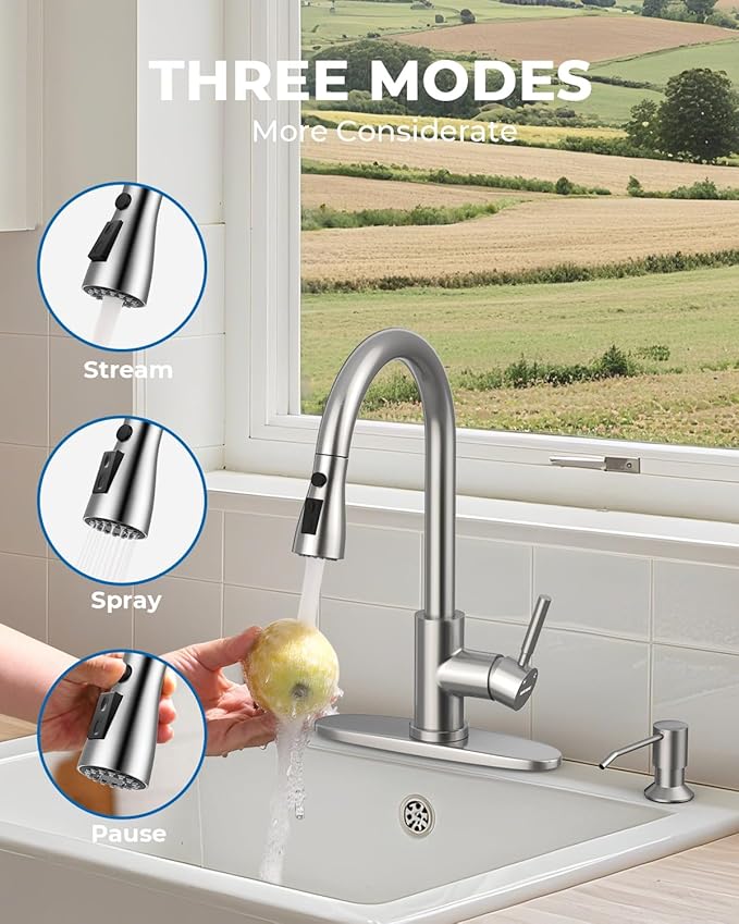WEWE Kitchen Faucet with Soap Dispenser and Pull Down Sprayer, RV Single Handle Classic 3 Modes Stainless Steel Faucet for Kitchen Sink, RV, Stainless Steel