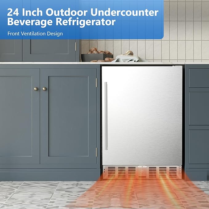 COWSAR Outdoor Refrigerator 24 Inch Wide, 180 Cans Fast Cooling Undercounter Built-in or Freestanding Stainless Steel Beverage Refrigerator, Powerful Cooling Compressor for Patio Kitchen, 32-50 °F
