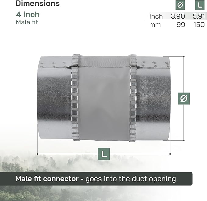 Vent Systems 4" Inch Flexible Vibration-Reducing Male Fit Duct Connector – Round Galvanized Steel Dryer Vent Hose Connector, Spiral Duct, Pipe Extender, HVAC Ventilation - Inline Duct Work Coupler
