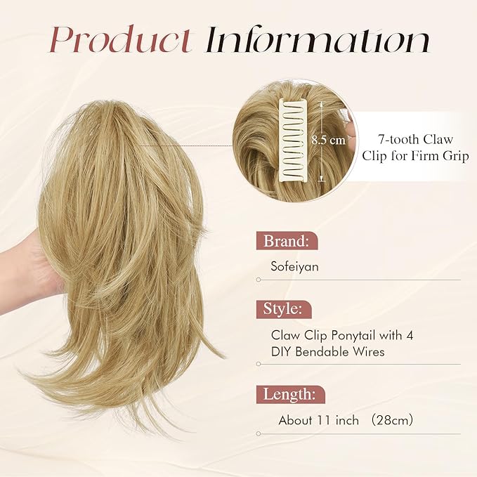 SOFEIYAN Claw Clip Short Ponytail Extension DIY Bendable Wires Hair Bun Fluffy Fake Hair Piece Straight Synthetic Hair Ponytail Extensions for Wonen - Honey Blonde/Platinum Blonde