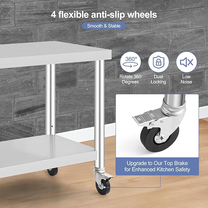 Stainless Steel Table with Caster Wheels, Food Prep Table for Kitchen, Commercial Heavy Duty Metal Table with Adjustable Undershel, Stainless Steel Work Table for Garage Laundry and Hotel (36" x 24")
