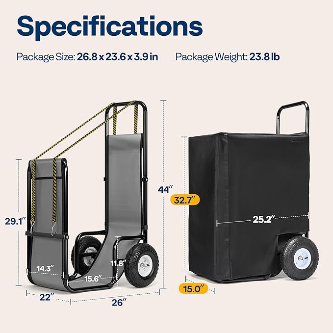 VIVOHOME Large Firewood Cart with Cover and 600D Oxford Cloth, 250 LB Capacity Heavy Duty Steel Log Carrier Dolly Hauler, Rolling Wood Rack Storage Mover for Easy Transport Indoor Outdoor Use
