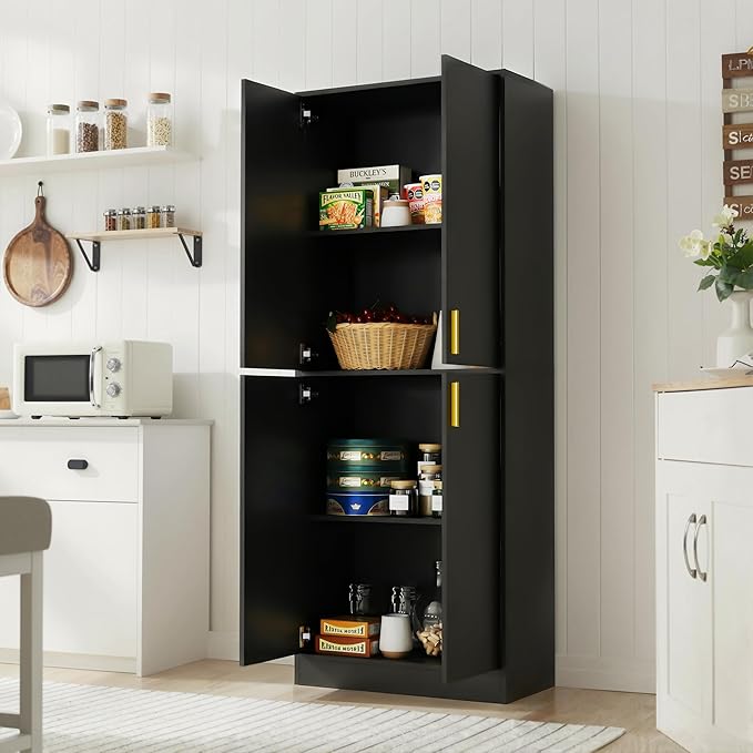 Cozy Castle Kitchen Pantry Cabinet, 71" Tall Wood Storage Cabinet with Doors and Shelves 4 Doors Freestanding Cupboard for Dining Room Living Room Bathroom Furniture, Black | Wood Storage Cabinet, 4 Doors, Utility Hutch, for Dining Room
